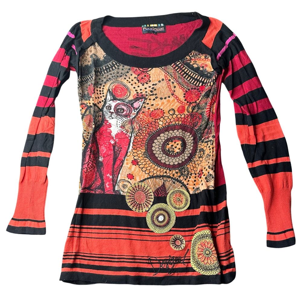 Desigual Vintage Y2K Geometric Make Something Good Graphic Long Sleeve Top Cat M